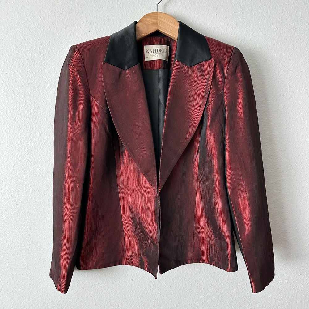 Vintage Nahdree Lifestyle Red Metallic Sateen Blazer Jacket Women's Size 10 - Picture 1 of 15